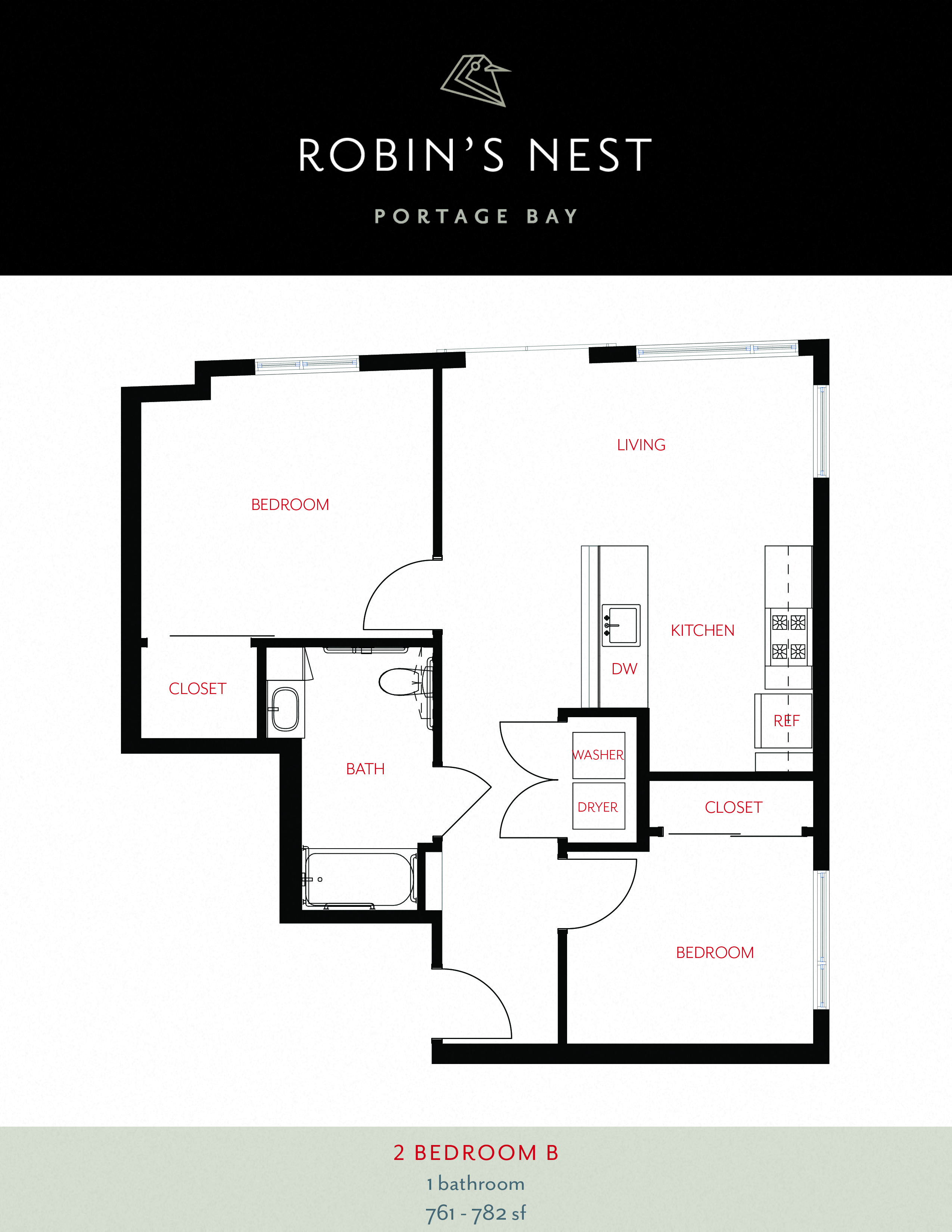 Floor plan for 2 beds, 1 bath, 761 sqft
